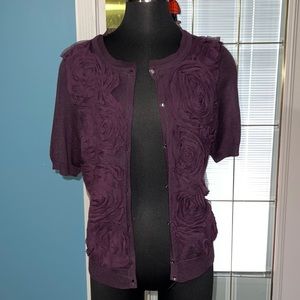 ANN TAYLOR LOFT PLUM EGGPLANT RHINESTONE BUTTON DOWN FALL CARDIGAN SWEATER.